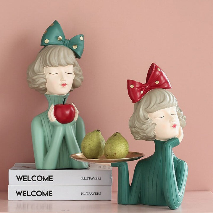 Stylish Bowknot Girl Sculpture Resin Figurines Creative Bust Woman Statues TV &amp; Wine Cabinet Decorations Figures Turquoise Color - bertofonsi