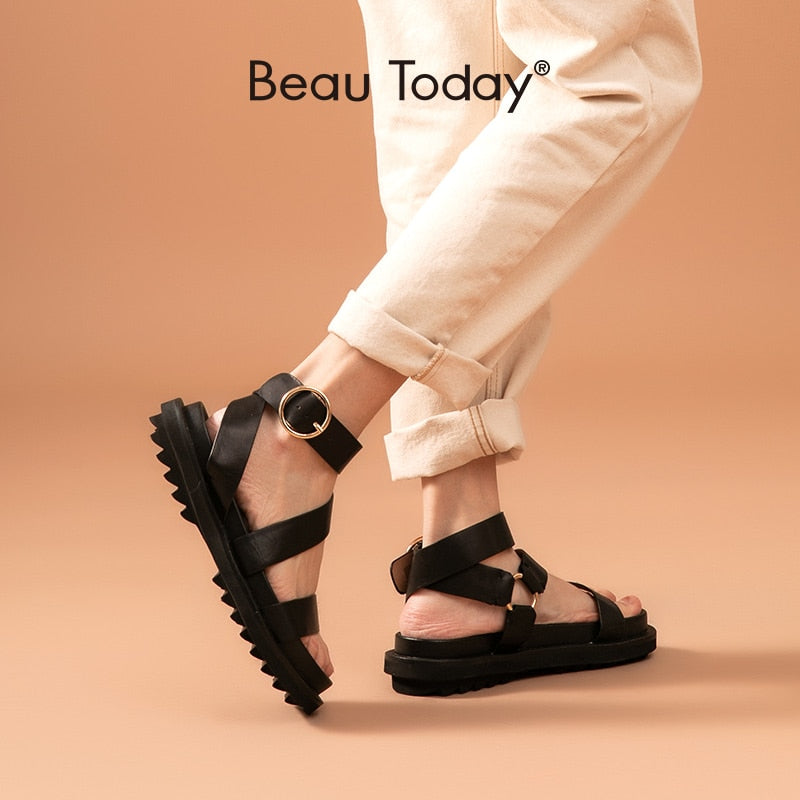 BeauToday Sandals Women Sheepskin Genuine Leather Ankle Strap Metal Ring Buckle Lady Summer Platform Shoes Handmade 38123 - bertofonsi