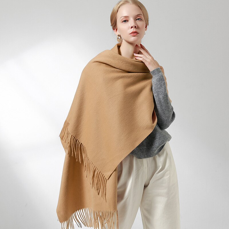 100% Real Wool Scarf Women Warm Shawls and Wraps for Ladies Stole Femme Solid Warps Winter Cashmere Wool Scarves Luxury Pashmina - bertofonsi
