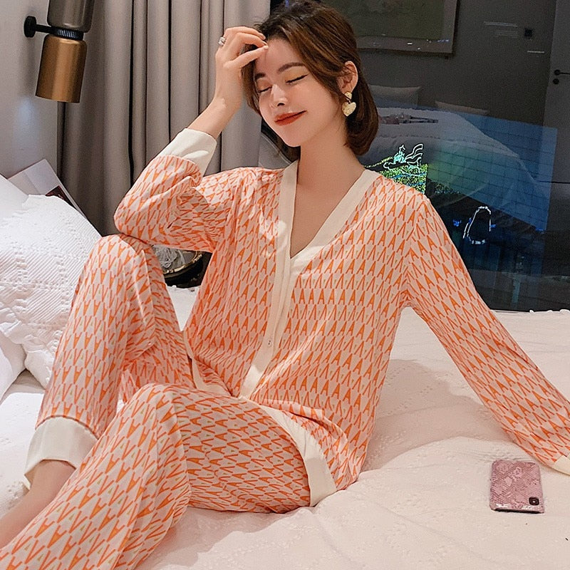 Pajamas Suit Women Satin Print Nightwear Casual 2PCS Pyjamas Set Sleepwear V-Neck Intimate Lingerie Nightgown Comfy Home Wear - bertofonsi