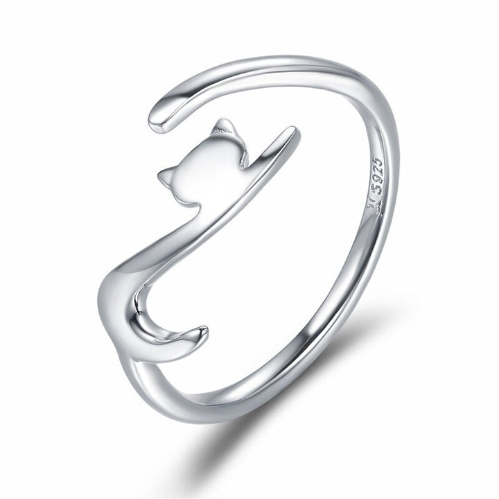 WOSTU 925 Sterling Silver Sticky Cat with Long Tail Finger Ring For Women Adjustable S925 Silver Ring Jewelry Gift CQR220 - bertofonsi