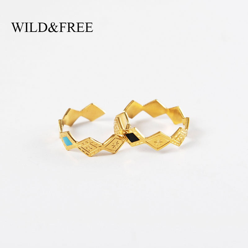 Gold Plated Boho Adjustable Geometric Open Rings Jewelry Stainless Steel Black Enamel Rhombus Stackable Finger Ring For Women - bertofonsi