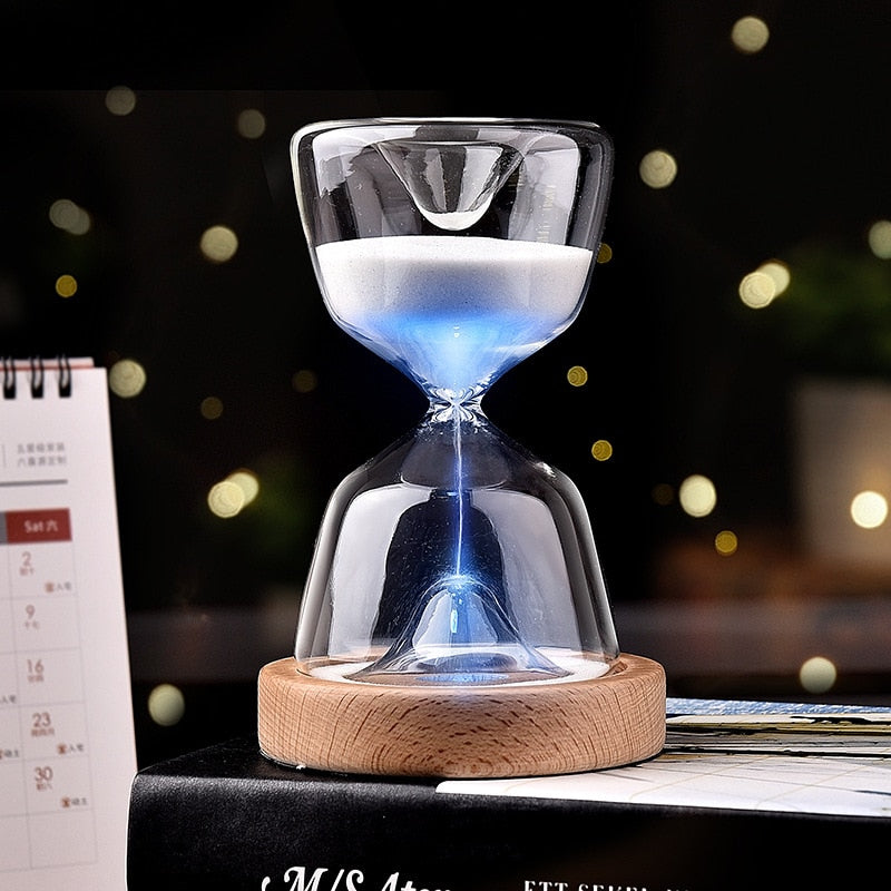 Luminous Remote Control Glass Hourglass 15 Minutes Time Timer Free Customized Laser Lettering Wood Bottom Night Light Sandglass - bertofonsi