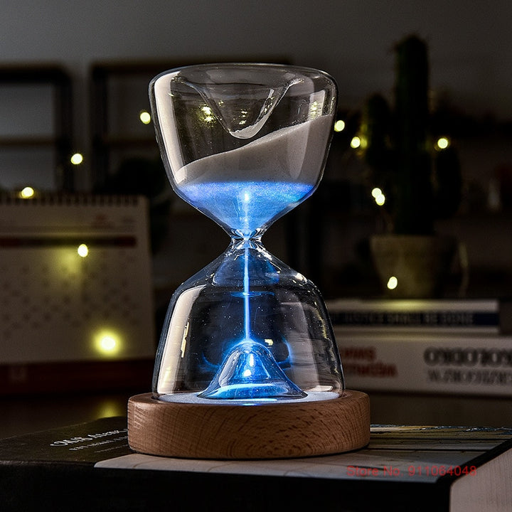 Luminous Remote Control Glass Hourglass 15 Minutes Time Timer Free Customized Laser Lettering Wood Bottom Night Light Sandglass - bertofonsi