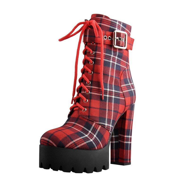 OnlyMaker Women&#39;s Platform Ankle Boots Buckle Strap Chunky Heel Red Plaid Lace Up Side  Zipper Round Toe Booties For Winter - bertofonsi