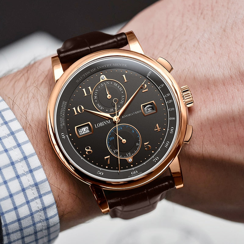 LOBINNI Business Watch Top Brand Luxury Fashion Man Leather Waterproof 50M Male Mechanical Wristwatch with Date Display Watches - bertofonsi