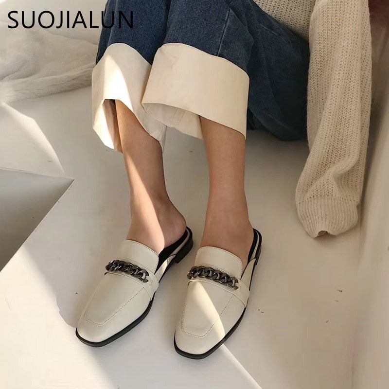 SUOJIALUN Luxury Design Slip On Outside Mules Slippers Brand Chain British Sandal Shoes Flat Round Toe Slides Big Size 41 - bertofonsi