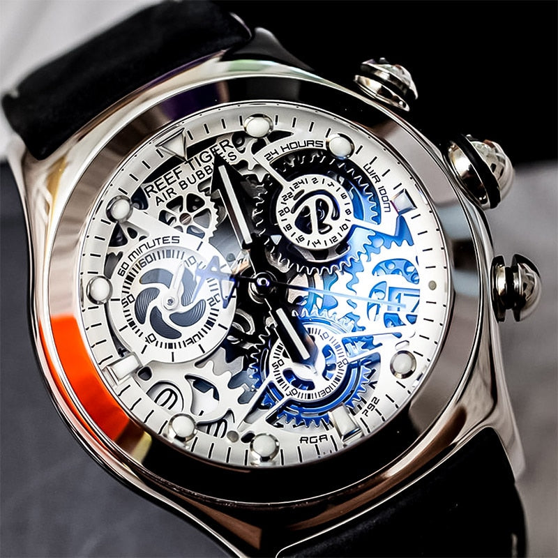 Reef Tiger/RT Mens Sport Watches with Chronograph Skeleton Dial Date Three Counters Steel Watch RGA792 - bertofonsi