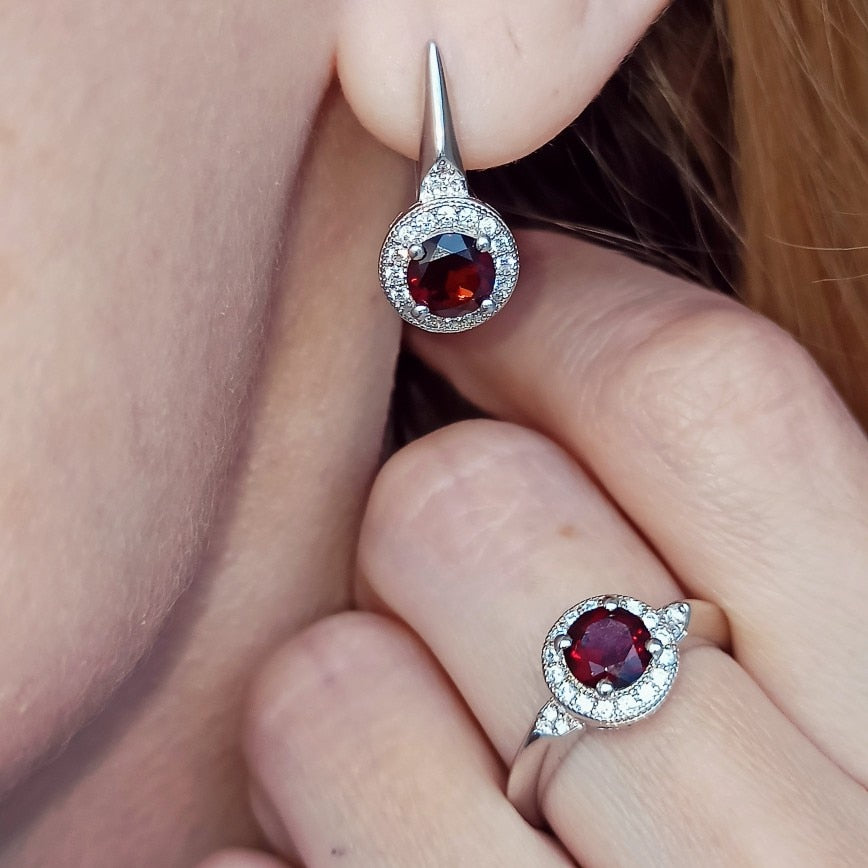 GEM&#39;S BALLET 3.15Ct Natural Red Garnet Earrings Ring Set 925 Sterling Silver Gemstone Classic Jewelry Set For Women Fine Jewelry - bertofonsi