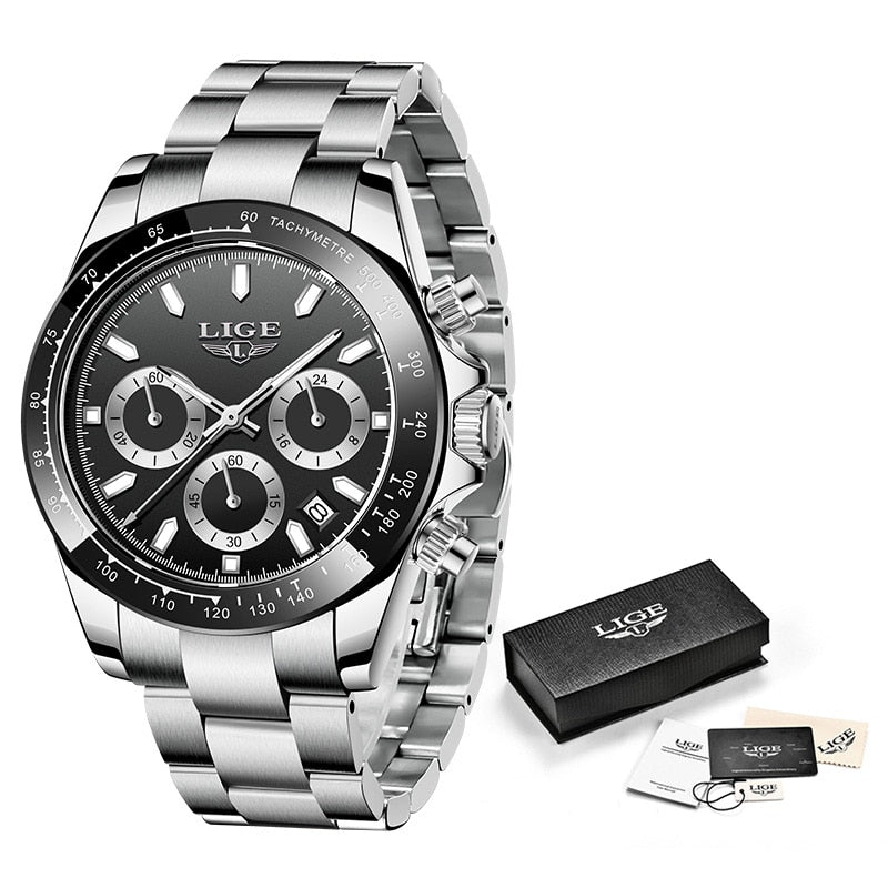 LIGE Watch Man Brand Luxury Waterproof Men Watches Panda Dial Chronograph Stainless Steel Wristwatch Quartz Sports Watch Hombre - bertofonsi