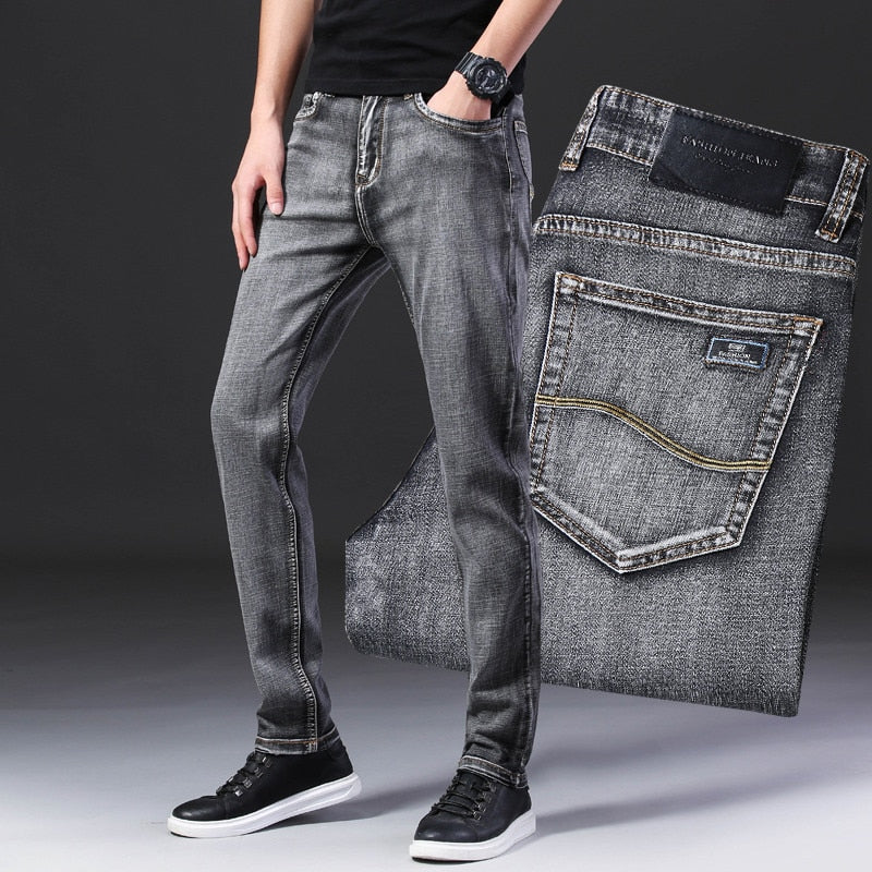 Classic Style Summer Men's Thin Grey Jeans Business Fashion High Quality Stretch Denim Straight Pants Male Brand Trousers - bertofonsi
