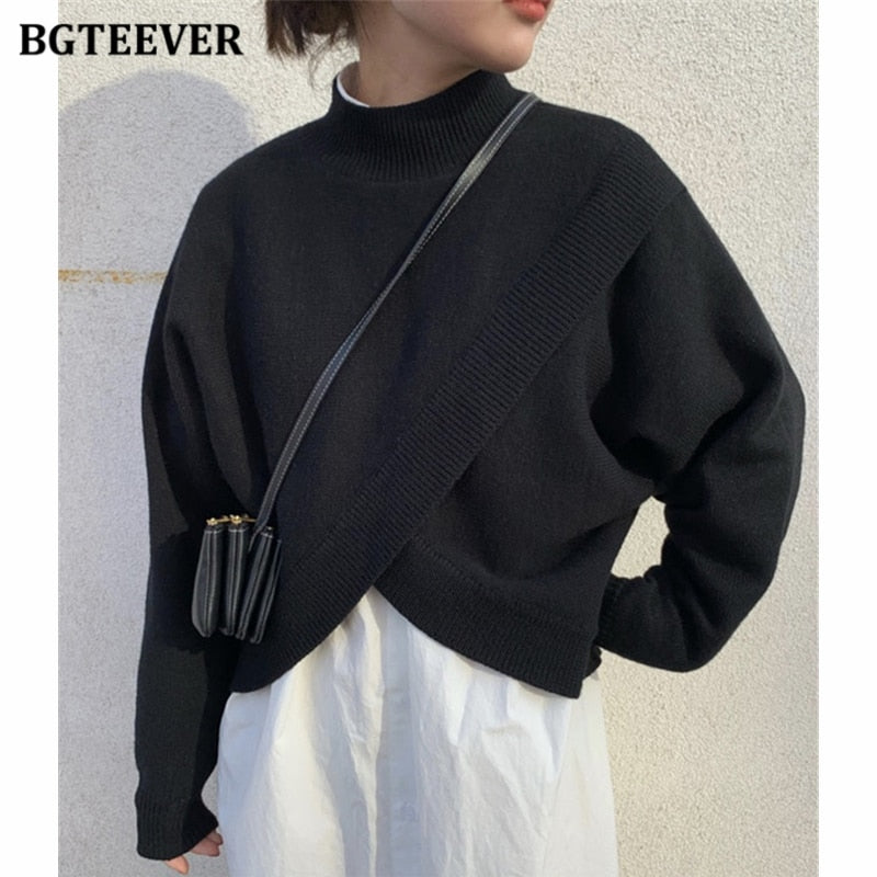 BGTEEVER Fashion Half-turtleneck Women Sweater Jumpers 2020 Autumn Winter Knitwear Cross Split Loose Female Knitted Pullovers - bertofonsi