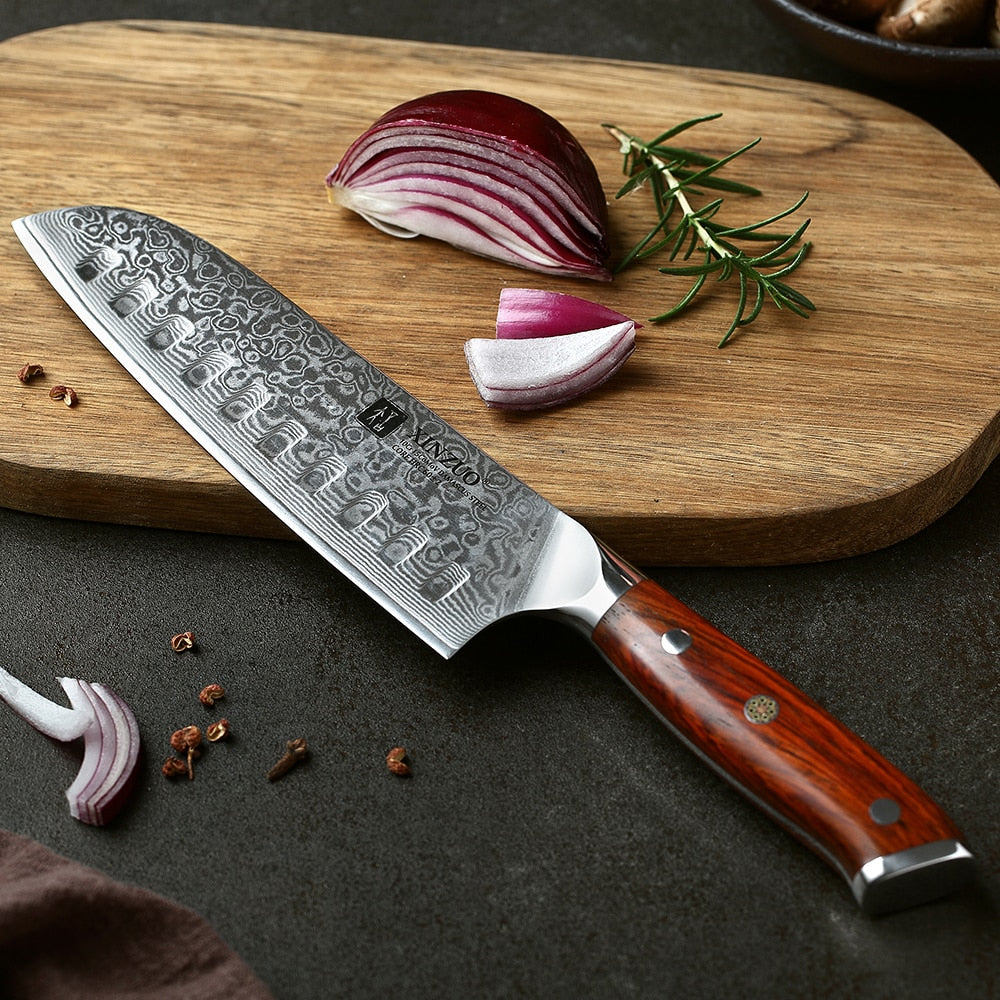XINZUO 7 Inch Japanese Chef Knife Chinese Damascus Stainless Steel Kitchen Knife, Professional Santoku Knives Rosewood Handle - bertofonsi