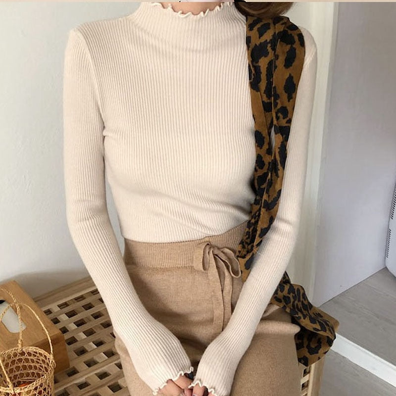 2022 Spring Autumn Winter High Elastic Slim Sweater Women Turtleneck Ruched Women Sweater Fashion Solid Chic Knitted Pullovers - bertofonsi
