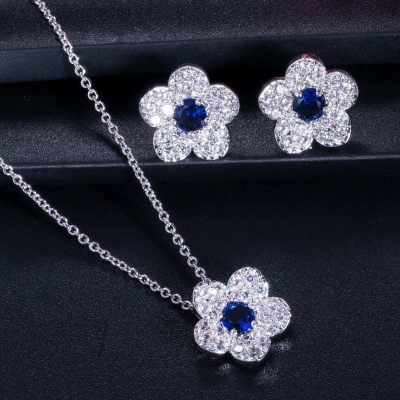 CWWZircons New Fashion Korean Jewelry AAA Cubic Zircon Stone Pave Flower Women Jewelry Sets with Dark Blue Zirconia Stones T138 - bertofonsi