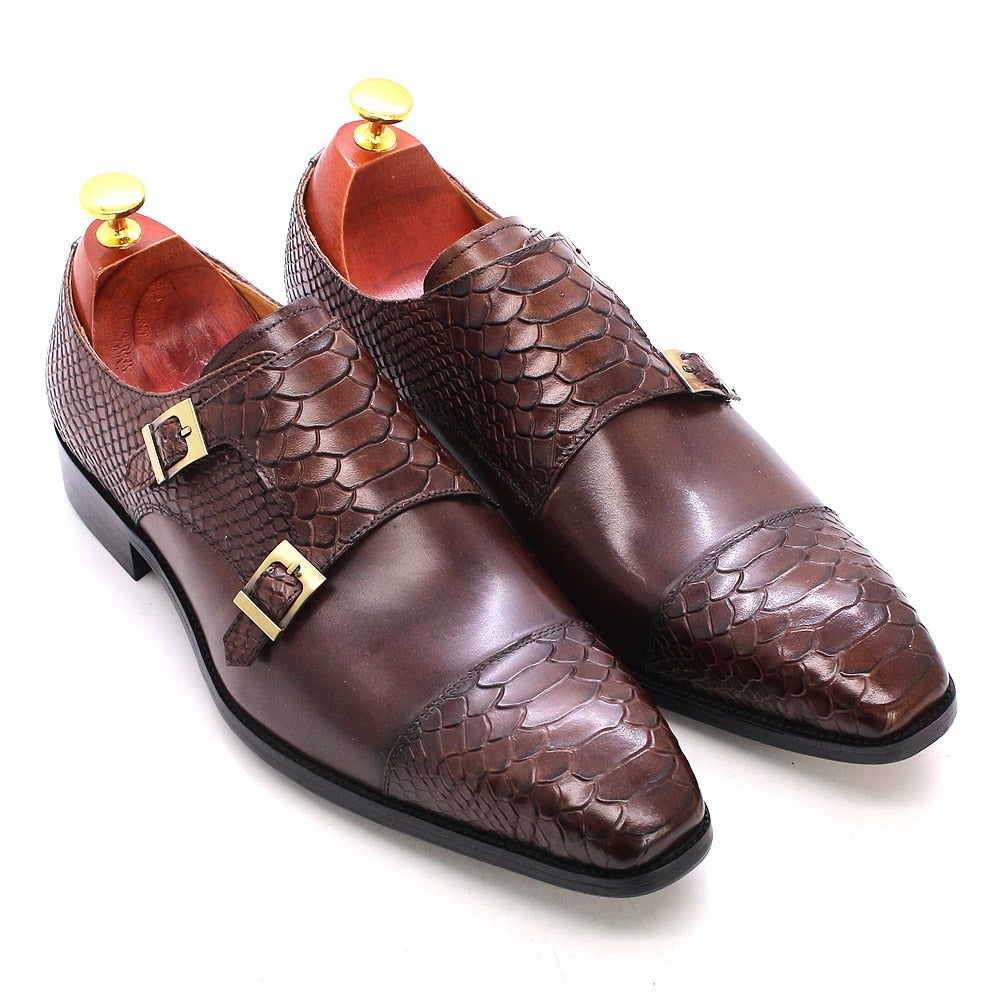 Size 47 Size 13 Mens Dress Shoes Genuine Leather Double Buckle Monk Strap Men Shoes Snake Print Cap Toe Classic Italian Shoes - bertofonsi