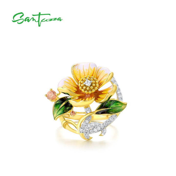 SANTUZZA Silver Rings For Women Genuine 925 Sterling Silver Glamorous Yellow Flower Charming Trendy Fine Jewelry Handmade Enamel - bertofonsi