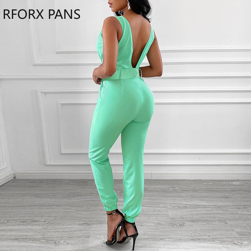 Soild Plain Sleeveless Pocket Design Backless Jumpsuit with Belt Casual Look for Women 2021 - bertofonsi