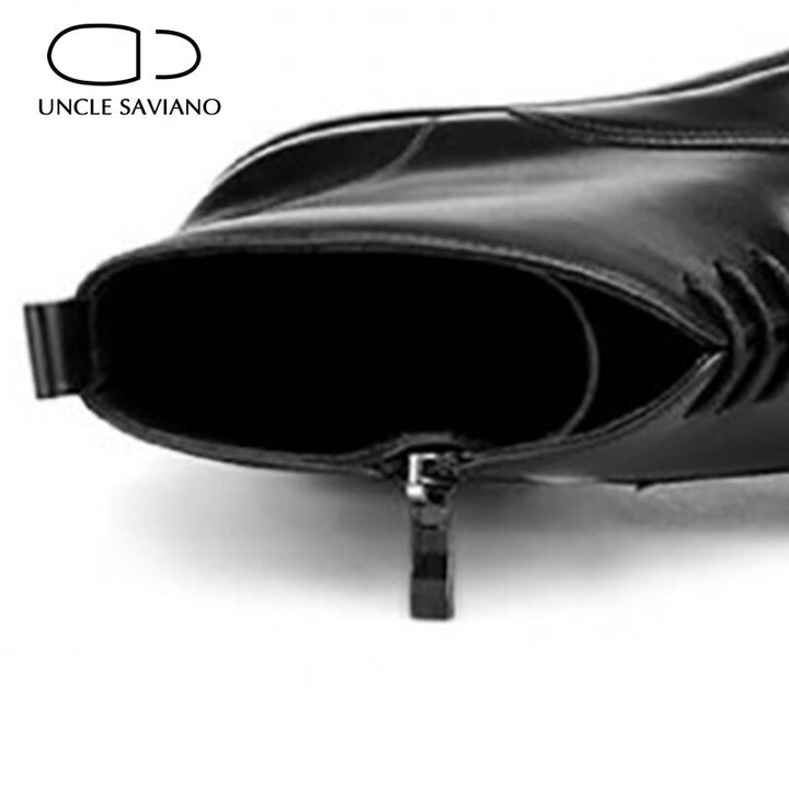 Uncle Saviano Solid Winter Black Mens Boots Shoes Work Boots Add Velvet Fashion Designer Shoes Men Genuine Leather Original - bertofonsi