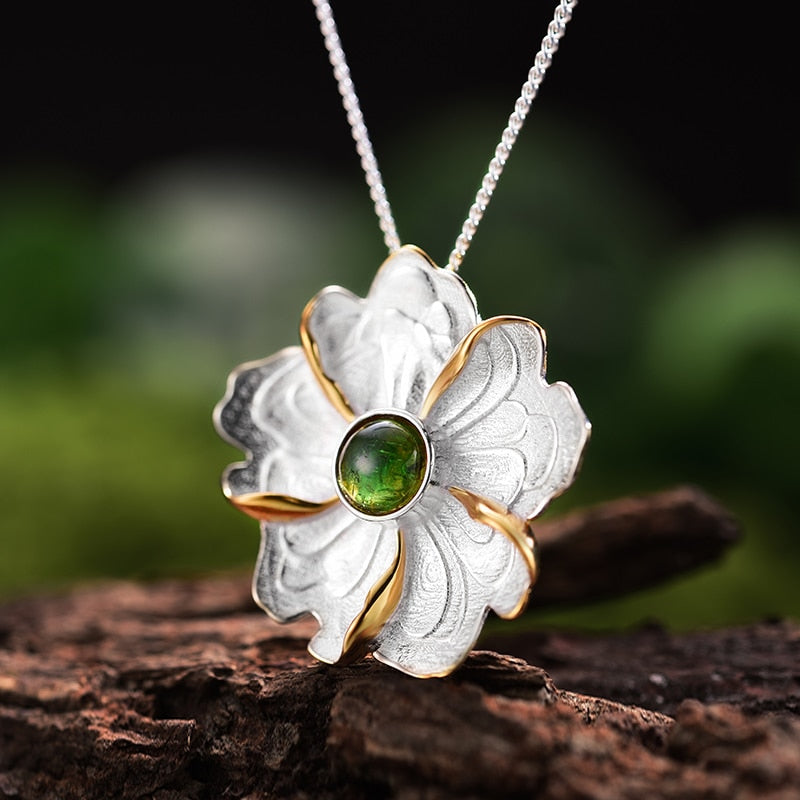 Lotus Fun Real 925 Sterling Silver Natural Tourmaline Handmade Fine Jewelry Peony Flower Pendant without Necklace for Women - bertofonsi