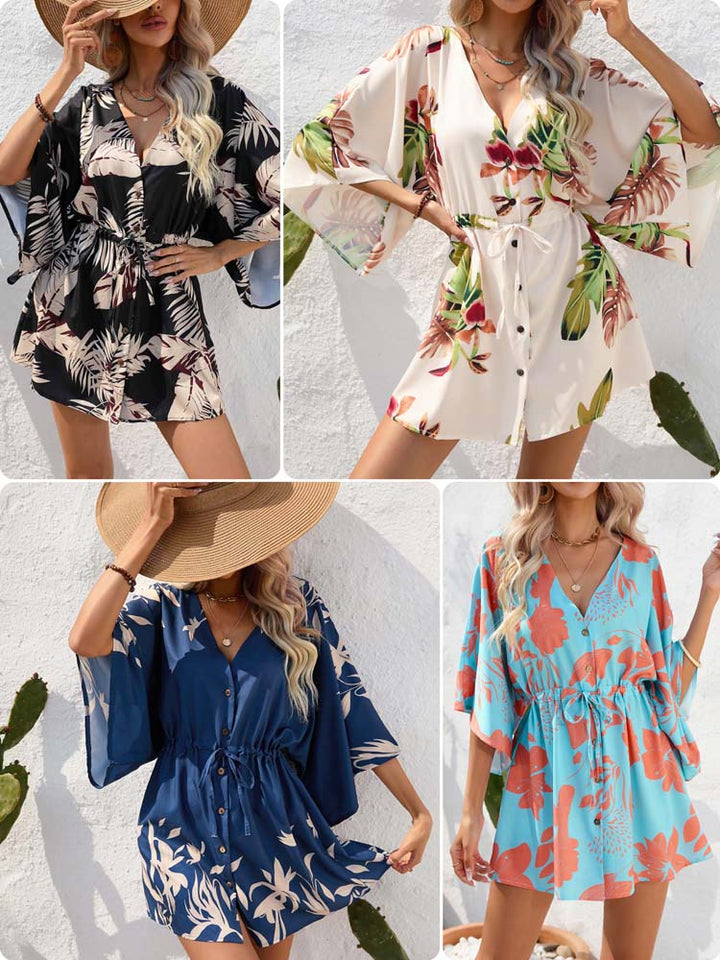 2023 Spring and Summer New French Style Printed 3/4 Sleeves Shirt Dress Elegant Slim Looking Seaside Vacation Beach Short Dress - bertofonsi