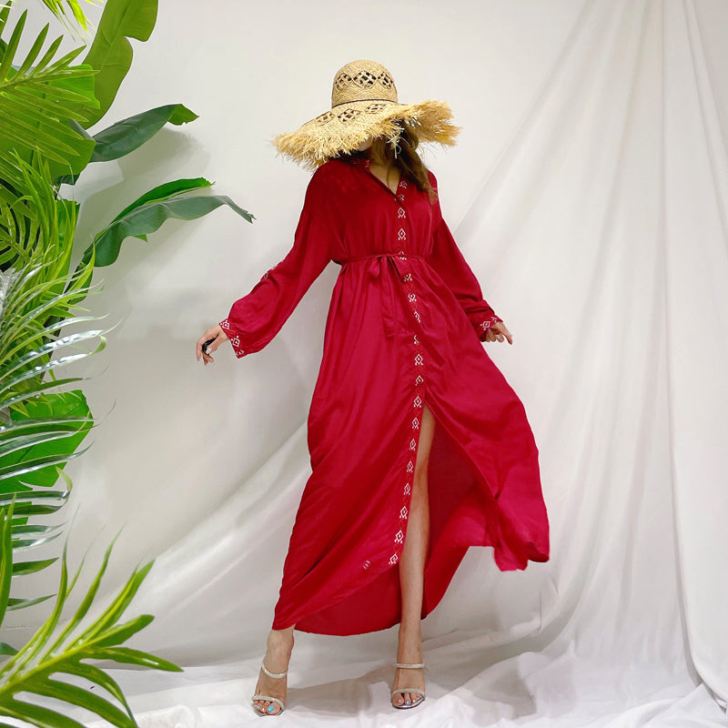 New Style Yunnan Sanya Waist-Controlled Long Sleeves Slim-Fit Cotton and Linen Embroidery Dress Women's Seaside Vacation Red Beach Dress Summer - bertofonsi