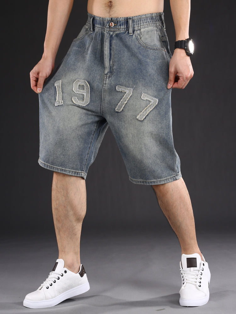 Retro European American Style Denim Shorts Men's Loose plus Size Half Length Pants Summer Trendy Fashion Patch Elastic Waist - bertofonsi