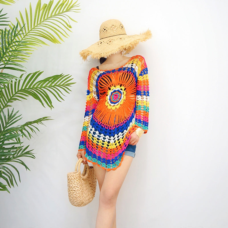 2023 New Sanya Seaside Holiday Crocheted Hollow Thin Lace Shirt Mid-Length Sun Protective Clothes Women Beach Outerwar - bertofonsi
