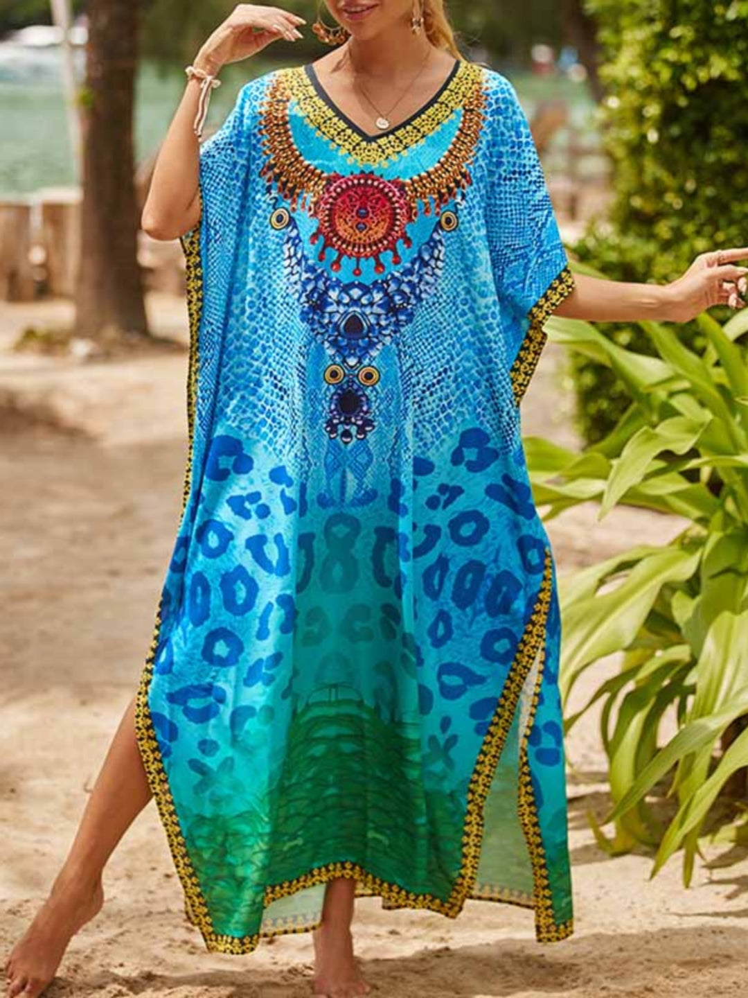 2023 Summer New Thailand Bali Tourism Blue Leopard Print Beach Long Dress Slim Looking Seaside Vacation Style - bertofonsi
