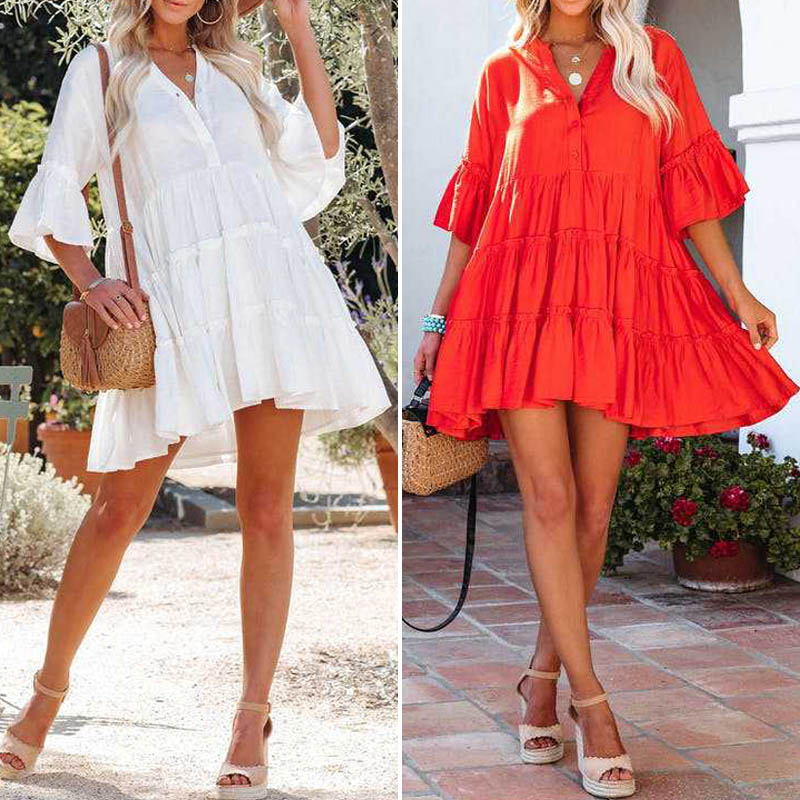 2023 New Loose Plus size Slimming 3/4 Sleeve Short dress Dress Seaside Vacation Sanya, Hainan Beach Skirt Women - bertofonsi