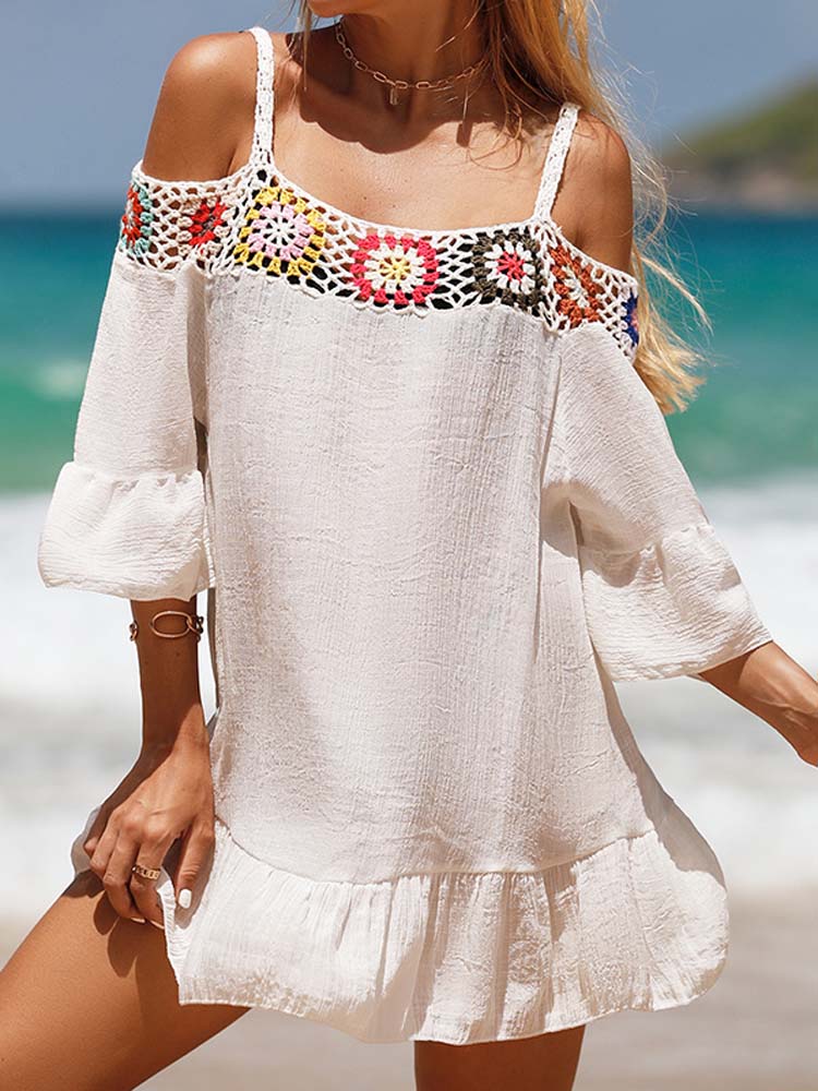 2023 Spring and Summer New Thailand Bali Boat Neck off-the-Shoulder Hollow-out Dress Fairy Seaside Holiday Beach Dress - bertofonsi