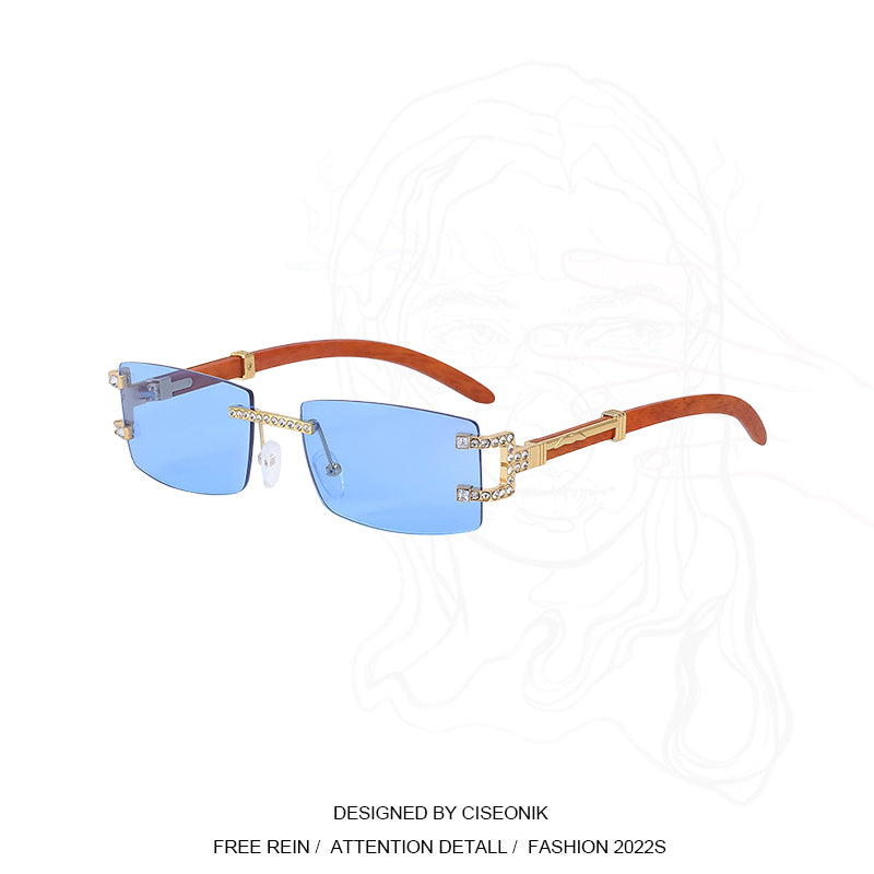 Ciseonik American Style 2022 New Retro Faux Wooden Leg Sun Glasses Frameless Diamond-Studded Sunglasses Men and Women Square Frame - bertofonsi