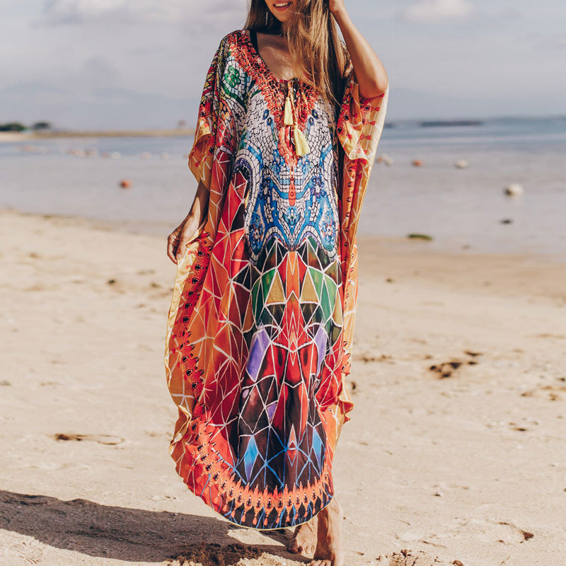 Summer New Bohemian Ethnic Style Dress Yunnan Dali Sanya Slim Looking Seaside Vacation Beach Dress for Women - bertofonsi