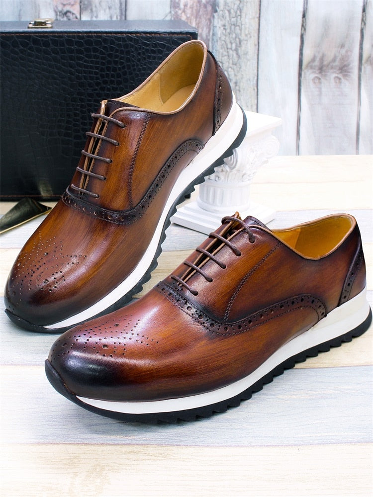 Classic Men's Casual Leather Shoes Lace-up Luxury Handmade Brock Men's Shoes Comfortable Outdoor Dating Dress Men's Shoes - bertofonsi