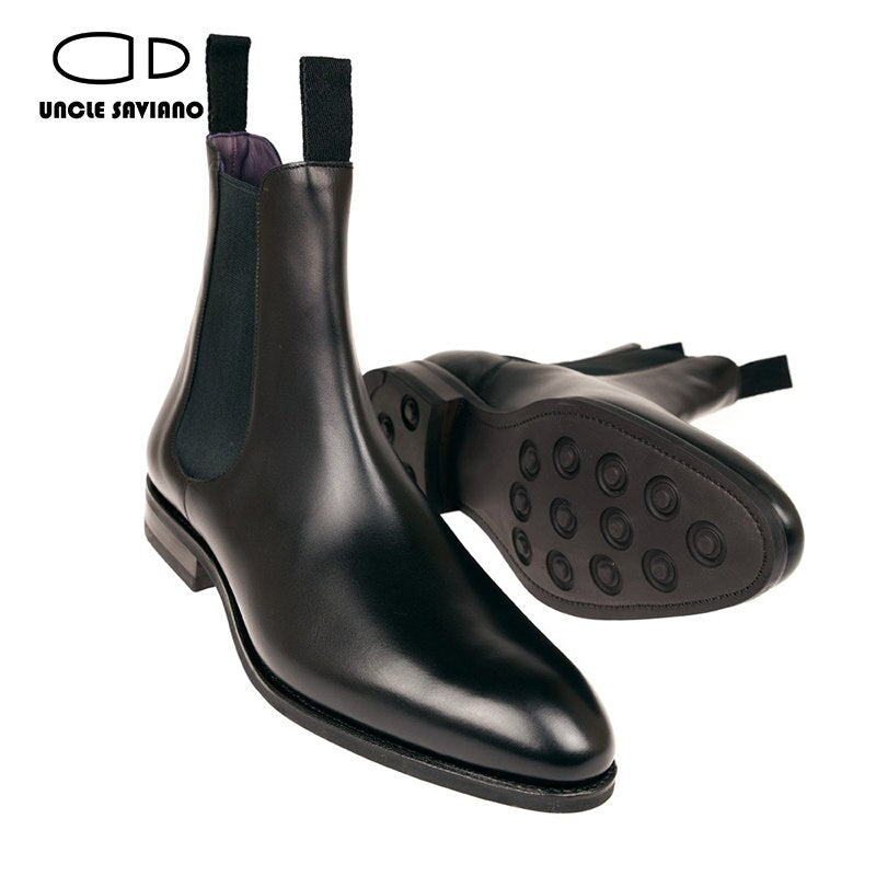 Uncle Saviano Black Chelsea Mens Boots Shoes Add Velvet Fashion Work Boots Designer Genuine Leather Handmade Shoes Men Original - bertofonsi
