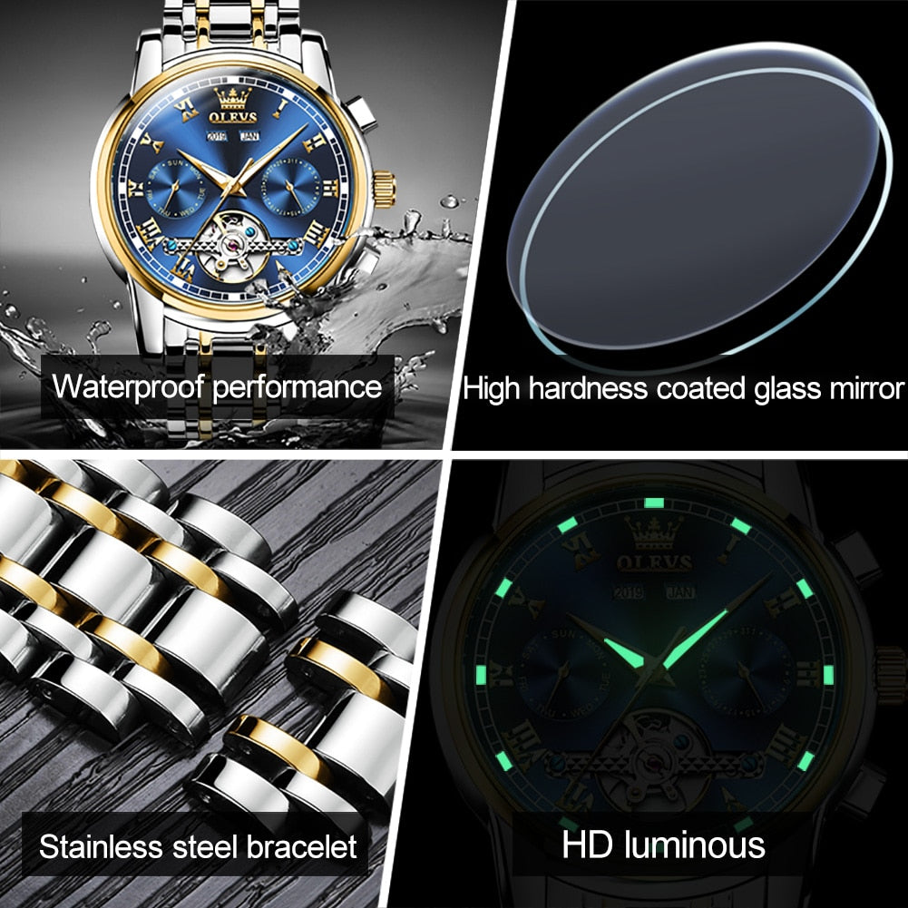 OLEVS Men&#39;s Watches Automatic Mechanical Business Wristwatch Waterproof Stainless Steel Strap Watch for Man Skeleton Calendar - bertofonsi