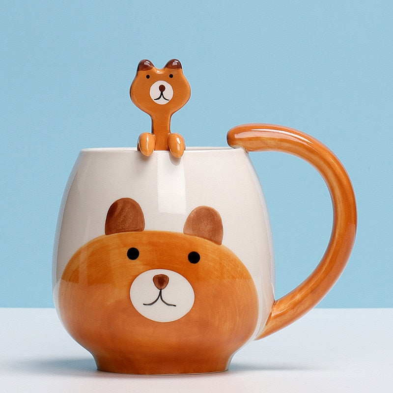 12 oz Cat Mug and Spoon,Fox/Panda/Pig/Bear/Frog Mug,Cute Animal Mug For Milk,Coffee,Drinking Water - bertofonsi