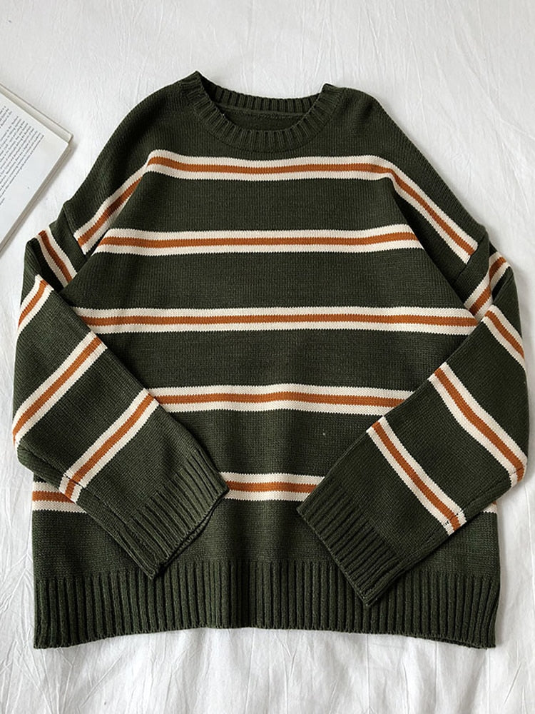 Vintage Stripe Sweaters Women Loose Oversize Korean Style Pullover Top Autumn Winter Long Sleeve  Knitted Sweater Femme 2020 - bertofonsi