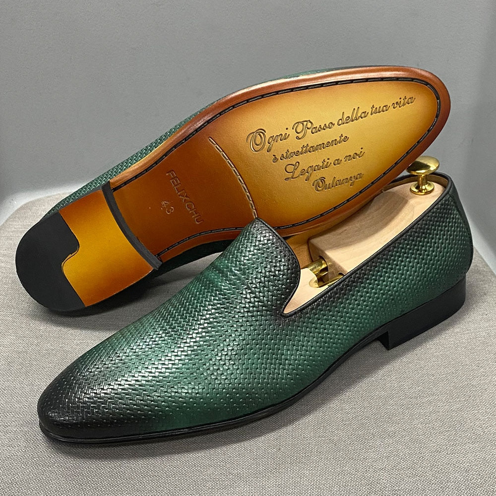FELIX CHU Italian Mens Loafer Leather Green Casual Dress Shoes Slip-On Genuine Leather Wedding Party Formal Suit Shoe for Men - bertofonsi