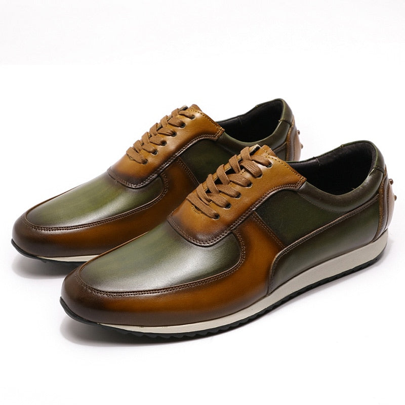 Big Size 5-15 Mens Casual Shoes Genuine Leather Hand Painted Oxford Brown Green Lace-Up Fashion Street Style Sneakers for Men - bertofonsi