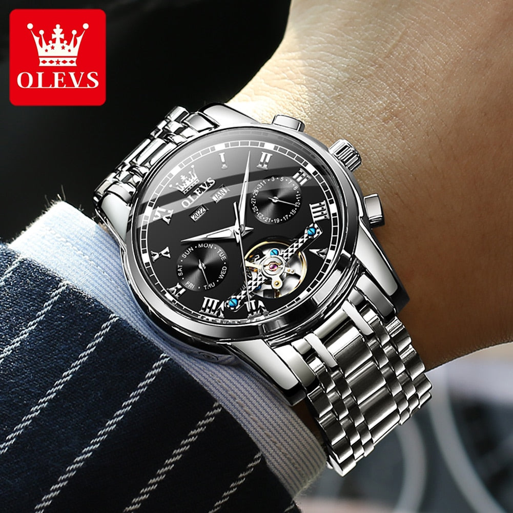 OLEVS Mechanical Men Watches Automatic Stainless Steel Waterproof Date Week Green Fashion Classic Wrist Watches 6607 - bertofonsi