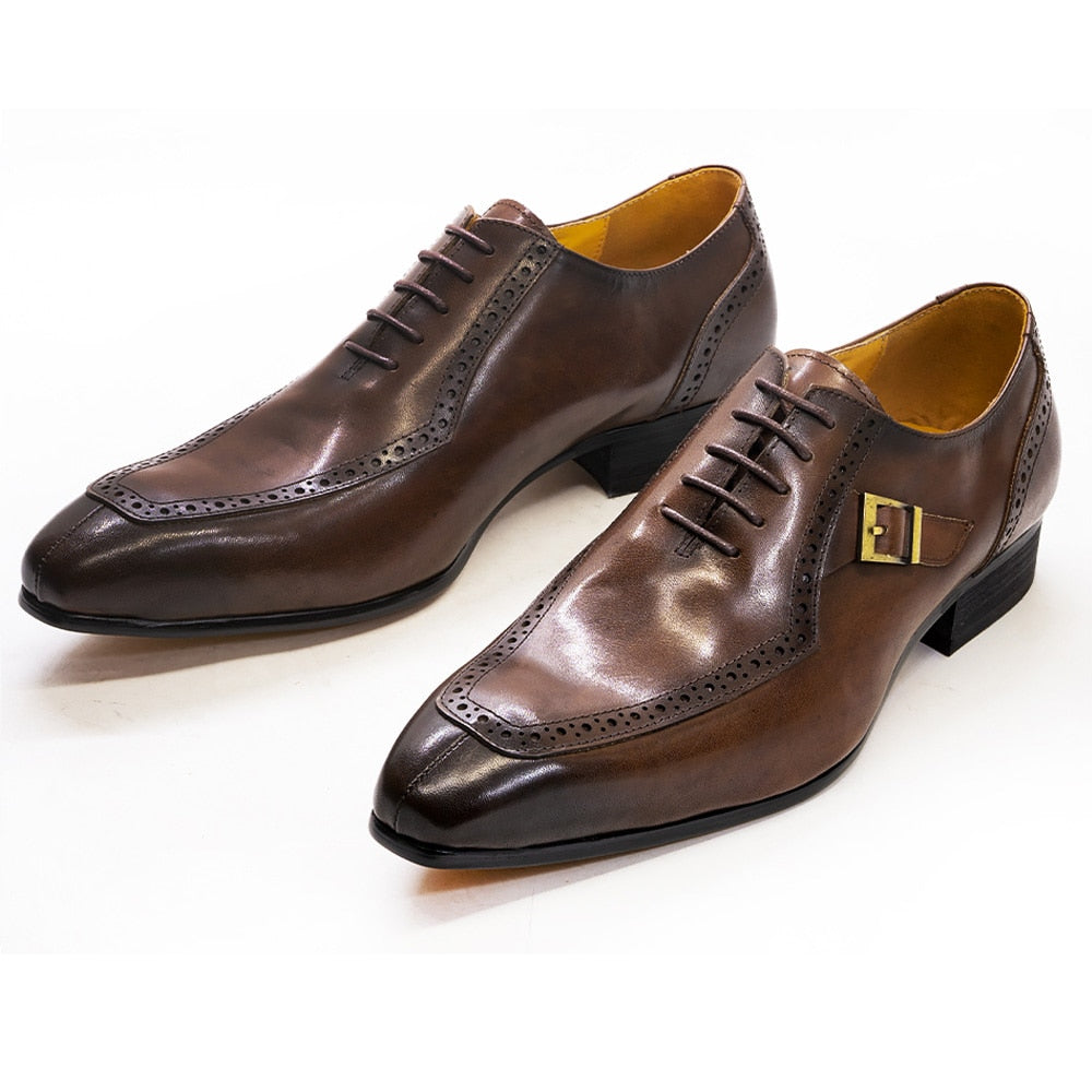Luxury Leather Mens Design Dress Shoe Office Business Wedding Formal Shoes Brown Lace Up Buckle Pointed Toe Oxford Shoes for Men - bertofonsi