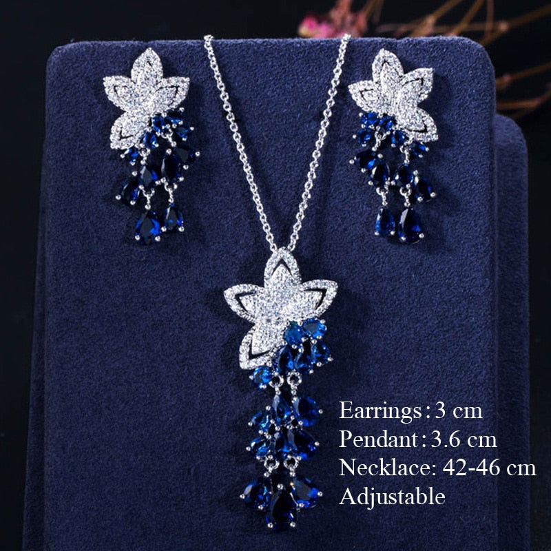 Pera Elegant Korean Style Light Blue Cubic Zirconia Women Fashion Pendant Leaf Necklace Water Drop Earrings Jewelry Sets J151 - bertofonsi