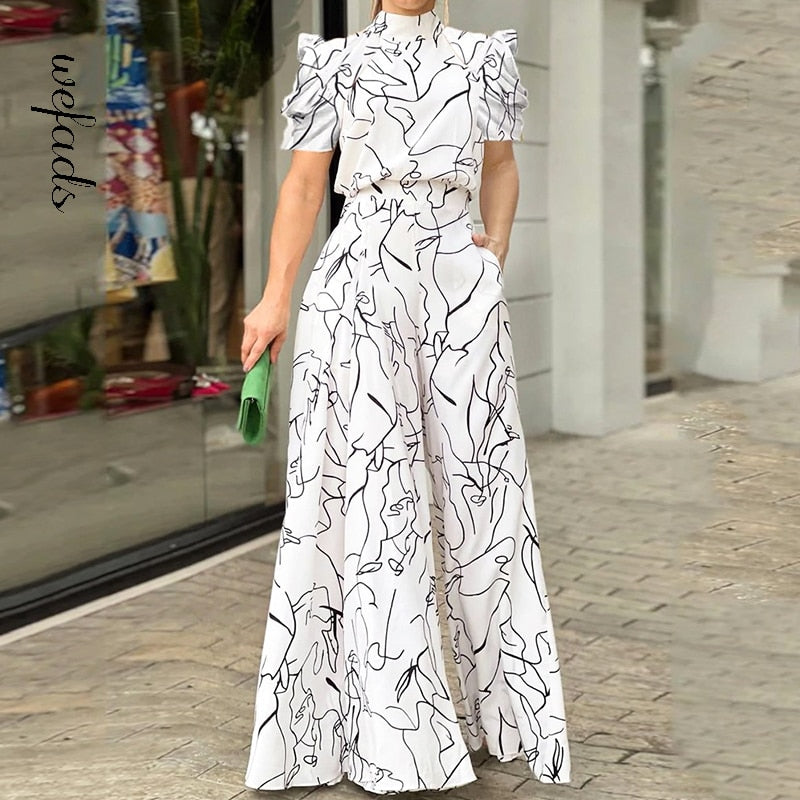 Wefads Women Jumpsuit Loose Fashion Elegant Long Pants Short Sleeve Halterneck Art Print Sets High Streetwear - bertofonsi