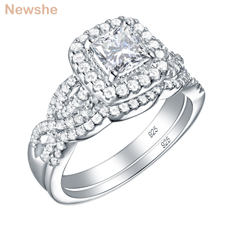 Newshe 2 Pcs 925 Sterling Silver Engagement Ring Wedding Band For Women Princess Cut White AAAAA Cubic Zirconia Classic Jewelry - bertofonsi