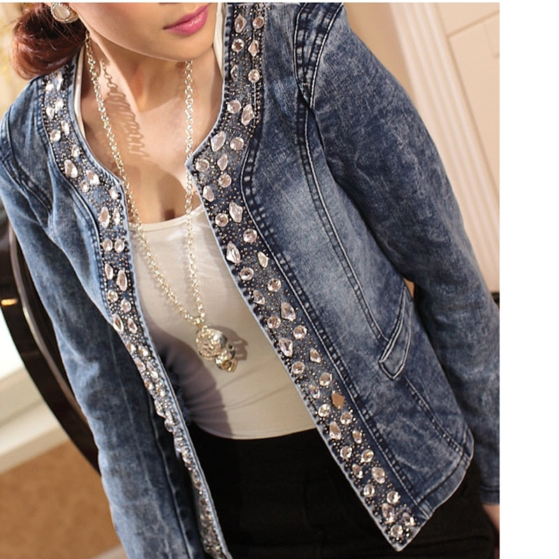 FMFSSOM New Spring Antumn Denim Jackets Vintage Diamonds Casual Coat Women&#39;s Denim Jacket Basis Tops Outerwear Jeans - bertofonsi