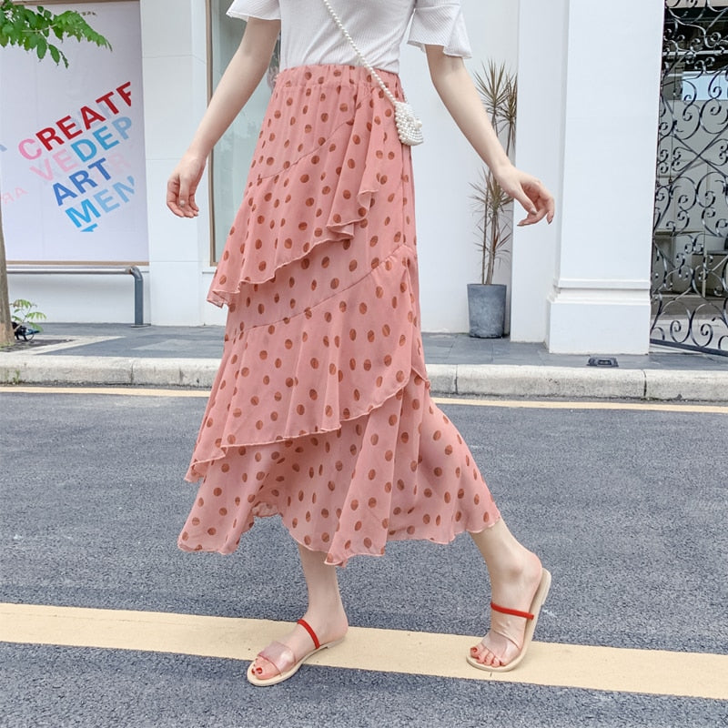 Casual Summer Skirts For Women New Loose Elastic High Waist Jupe Longue Femme Vintage Chiffon Ruffles Print Floral Pleated Skirt - bertofonsi