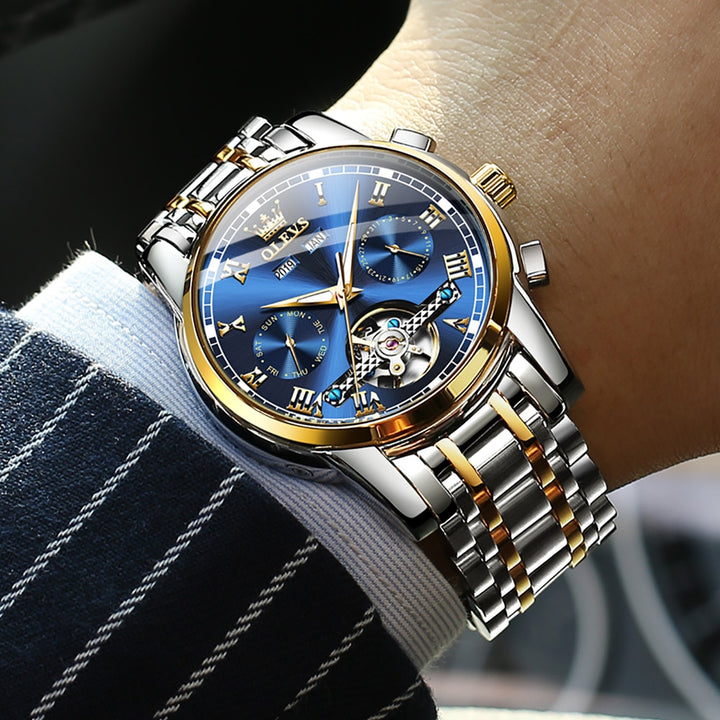 OLEVS Men&#39;s Watches Automatic Mechanical Business Wristwatch Waterproof Stainless Steel Strap Watch for Man Skeleton Calendar - bertofonsi