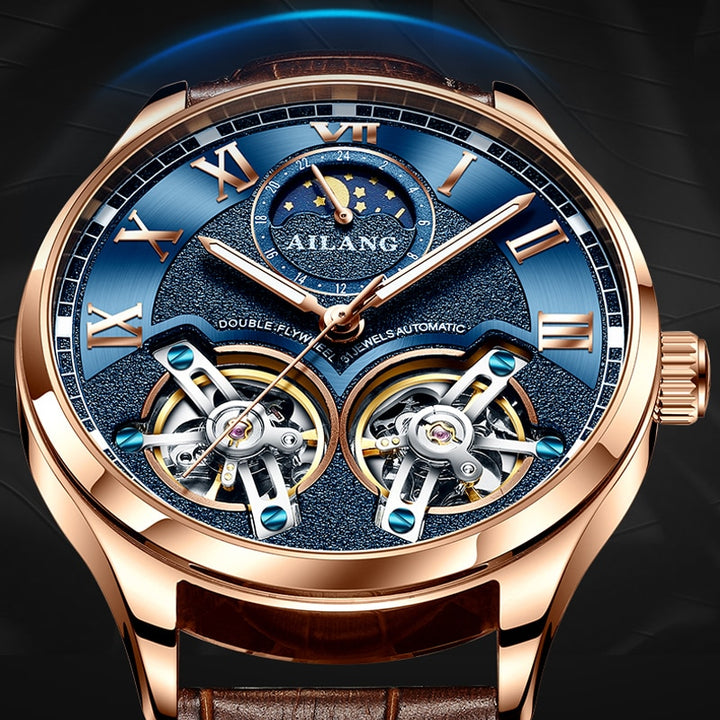 AILANG Original Design men&#39;s Double Flywheel Automatic Mechanical Watch Fashion Leisure Business Luxury Clock - bertofonsi