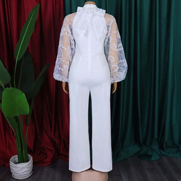 White Elegant Jumpsuits for Women Lantern Sleeve High Waisted Solid Fashion Office Ladies Formal Business Work Wear Overalls Hot - bertofonsi